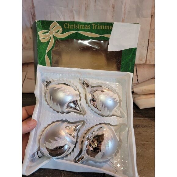 Christmas trimmeries bradford blown glass silver glitter tree Xmas ornament set - Picture 1 of 4